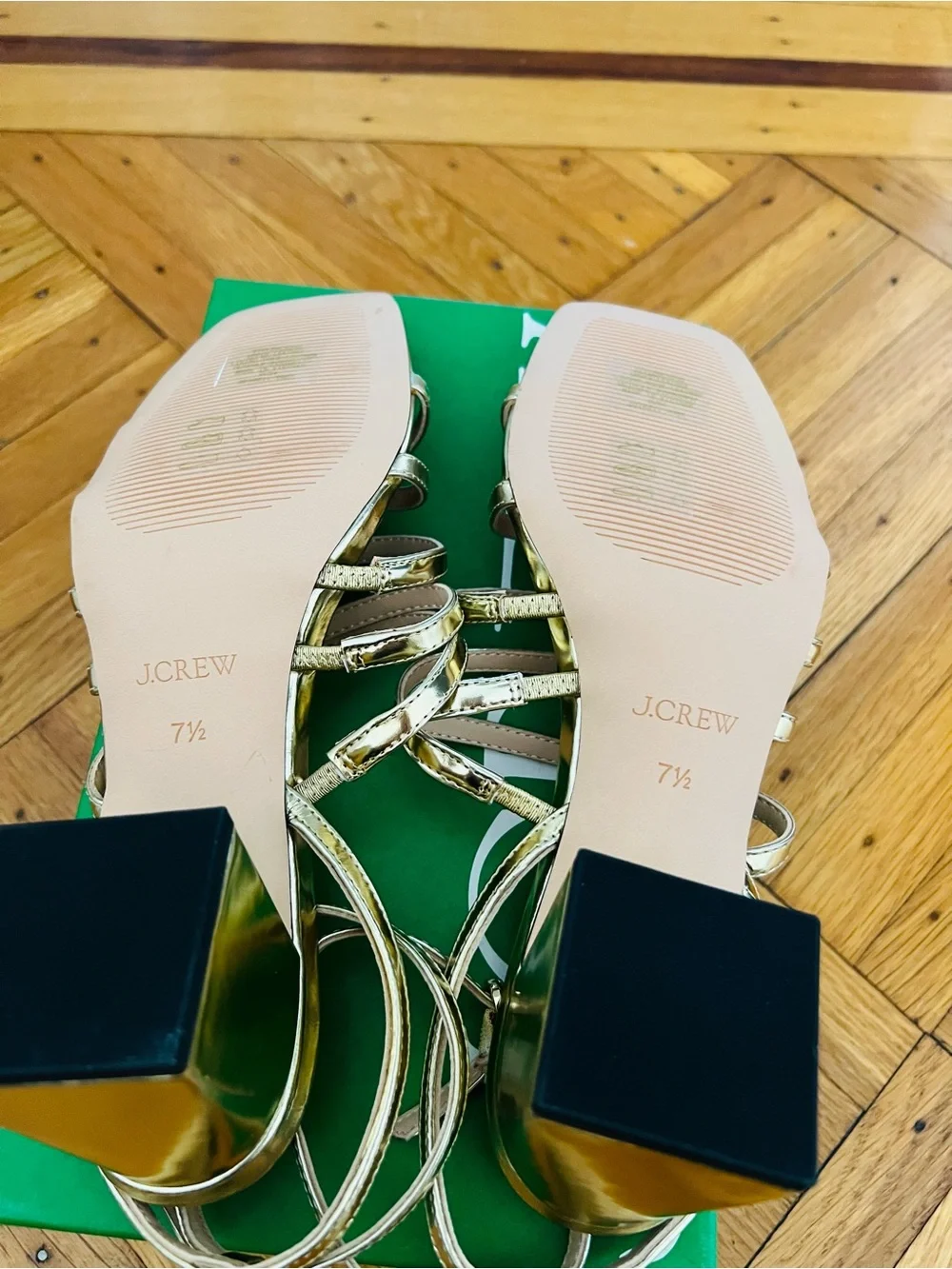 J.Crew Metallic Gold Strappy Block Heel Sandal, New, size 7.5